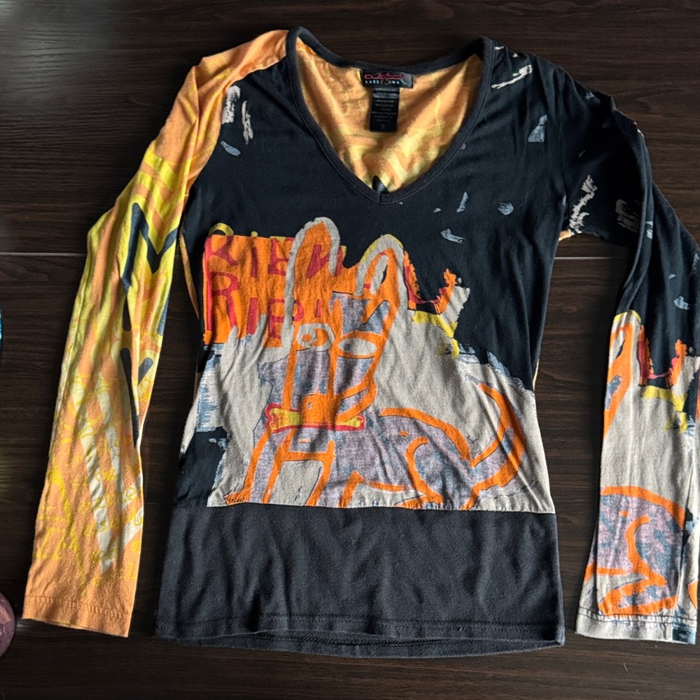 Custo Barcelona V-Neck Long Sleeve Top in Black, Orange, Yellow